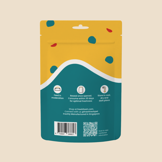 Back of a yellow and teal Frashfresh pet treat pouch with care instructions and QR code.