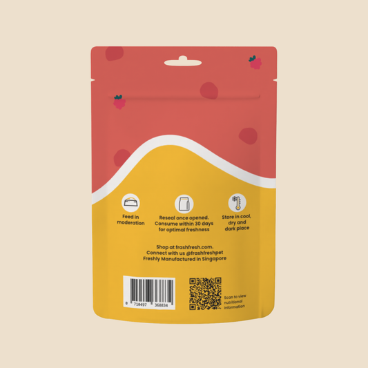 Back of a Frashfresh freeze-dried chicken pet treat pouch, red and yellow with care instructions.