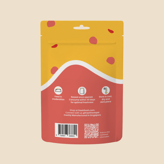 Frashfresh Freeze Dried Dog & Cat Treats packaging, red and yellow with care instructions and QR code.