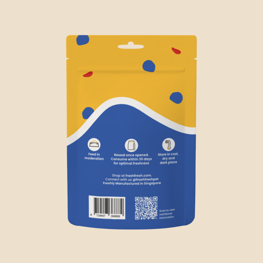 Back of a yellow and blue Frashfresh pet treat pouch with care instructions and QR code.