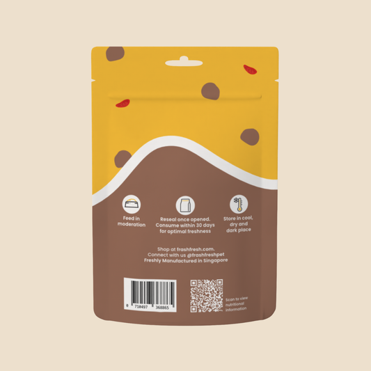 Back of a yellow and brown Frashfresh freeze-dried pork pet treat pouch with care instructions and QR code.