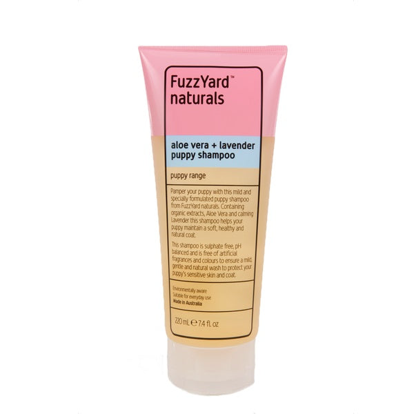 FuzzYard Naturals Aloe Vera & Lavender Puppy Shampoo, 220ml tube with pink, blue, and beige design.