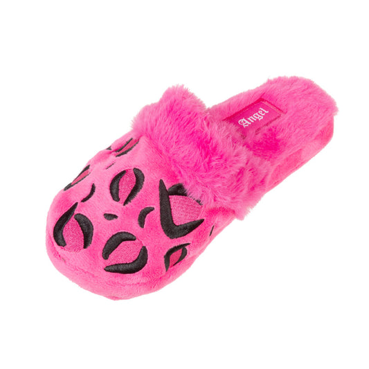 FuzzYard Angel Slipper plush dog toy: bubblegum pink faux fur slipper with black leopard print and "Angel" stitched on the strap.