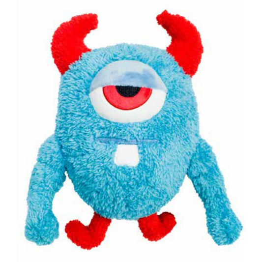 FuzzYard Armstrong Blue Plush Dog Toy: fluffy blue monster with one red eye, red horns, and red feet.