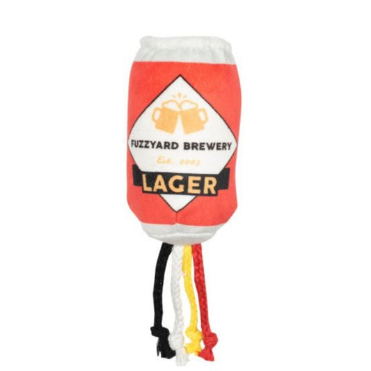 Red plush beer can cat toy with "Fuzzyard Brewery Lager" label and colorful braided strings.