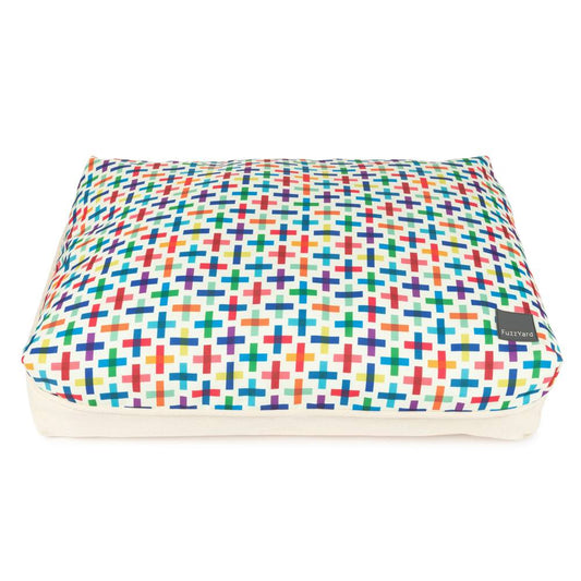 FuzzYard Big Dreamer Jenga dog bed: colorful geometric plus-sign pattern, soft polyester pillow.
