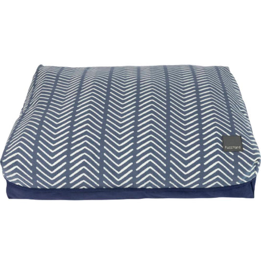 FuzzYard Big Dreamer Sacaton pillow dog bed with blue and white chevron pattern, polyester.