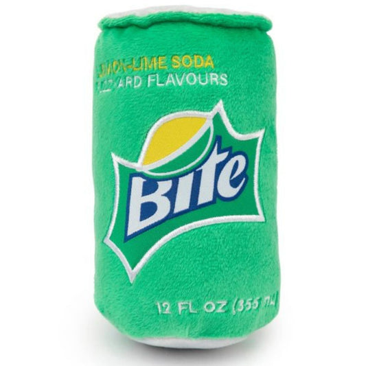 Green plush dog toy shaped like a "Bite" lemon-lime soda can with white and yellow accents.
