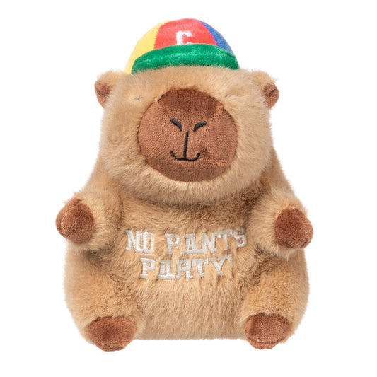 FuzzYard Capy-bara plush dog toy, brown with "NO PANTS PARTY!" embroidered, wearing a rainbow hat.