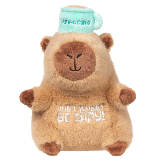 FuzzYard Capy-ccino plush dog toy: a brown capybara with a mint green coffee cup hat and "DON'T WORRY. BE CAPY!" embroidery.