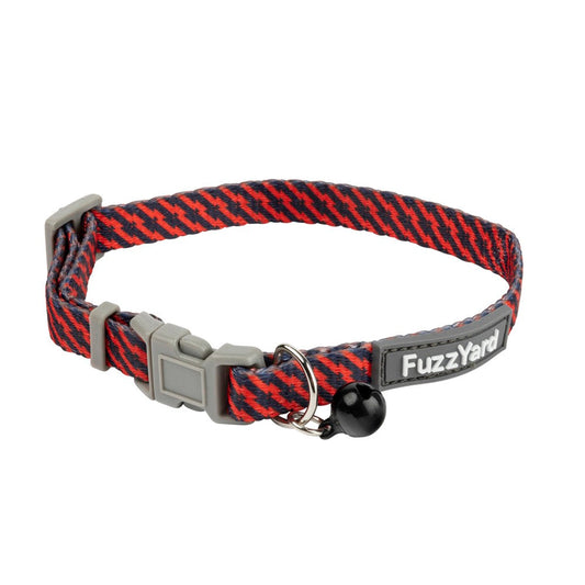 FuzzYard Tabbytooth Red/Navy cat collar with a grey breakaway buckle, black bell, and FuzzYard logo.