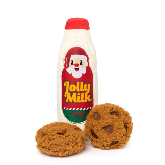 FuzzYard Christmas Jolly Milk & Cookies plush dog toy set with Santa milk bottle and two brown cookies.