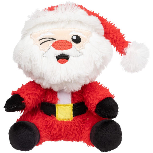 Small FuzzYard Christmas Kris Kringle plush dog toy, a winking Santa in red and white with a black belt.