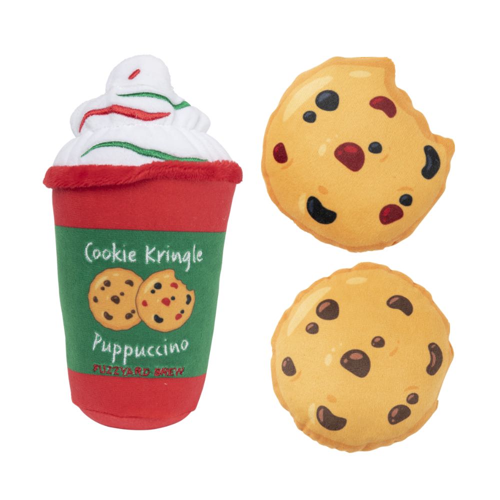 FuzzYard Christmas plush dog toy set: red and green "Cookie Kringle Puppuccino" cup with whipped cream, and two brown chocolate chip cookies.