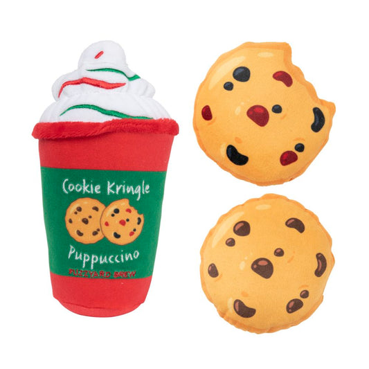 FuzzYard Christmas plush dog toy set: red and green "Cookie Kringle Puppuccino" cup with whipped cream, and two brown chocolate chip cookies.