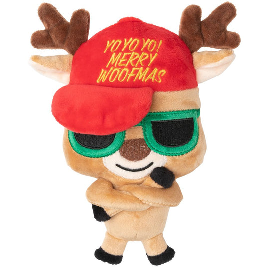 FuzzYard Christmas R. Diddy plush dog toy, a cool reindeer wearing a red "Yo Yo Yo! Merry Woofmas" cap and green sunglasses.