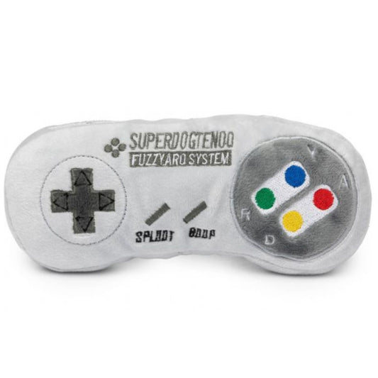 Plush grey Superdogtendo FuzzYard video game controller dog toy with colorful buttons.