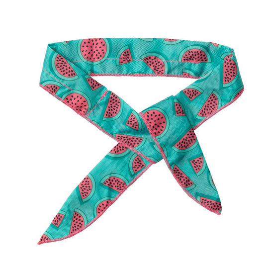 FuzzYard Cooling Pet Bandana in Summer Punch, featuring a teal background with pink watermelon slices.