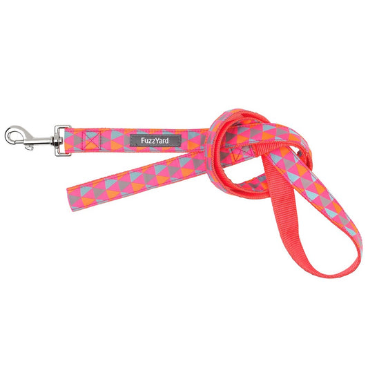 FuzzYard Crush dog lead in vibrant pink nylon webbing with a colorful geometric triangle pattern and stainless steel hardware.
