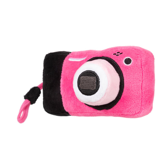 Pink plush FuzzYard Digicam dog toy, styled like a retro digital camera with a black wrist strap.