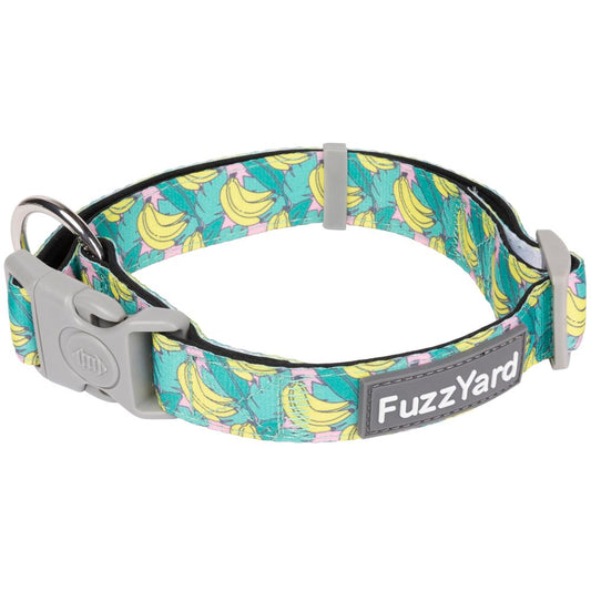 FuzzYard Bananarama dog collar: turquoise neoprene with yellow bananas, grey buckle, and silver D-ring.