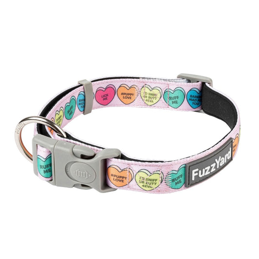 Pink FuzzYard Dog Collar with colorful "Candy Hearts" design, neoprene, and a grey buckle.