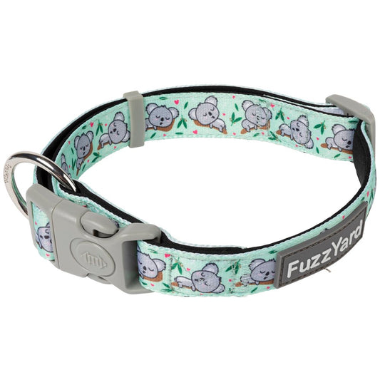 FuzzYard Dreamtime Koalas dog collar: mint green neoprene with cute koala design, grey buckle, and silver D-ring.