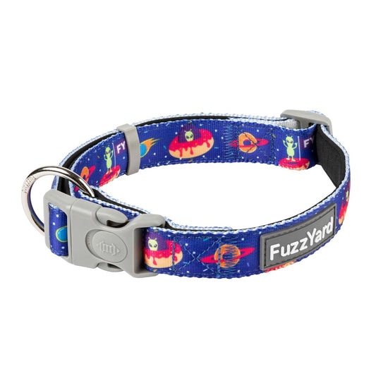 FuzzYard Extradonutstrial dog collar: blue neoprene with aliens, donuts, planets, grey buckle, and D-ring.