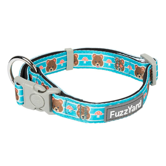 FuzzYard Fuzz Bear dog collar: blue neoprene with brown bears, mushrooms, grey buckle, and metal D-ring.