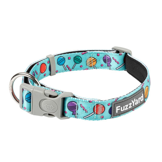 FuzzYard Dog Collar "Hey Suckers!" in light blue neoprene with colorful lollipop and candy design.