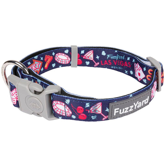FuzzYard Jackpup dog collar: navy neoprene with Las Vegas casino-themed graphics, gray buckle, and D-ring.