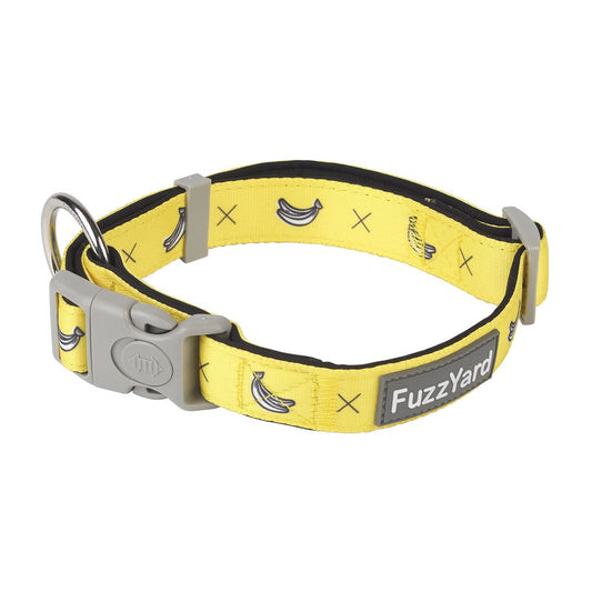Yellow FuzzYard dog collar with banana and "X" prints, gray buckle, and metal D-ring.