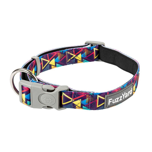 FuzzYard Dog Collar Prism: colorful geometric neoprene and nylon collar with a grey buckle.