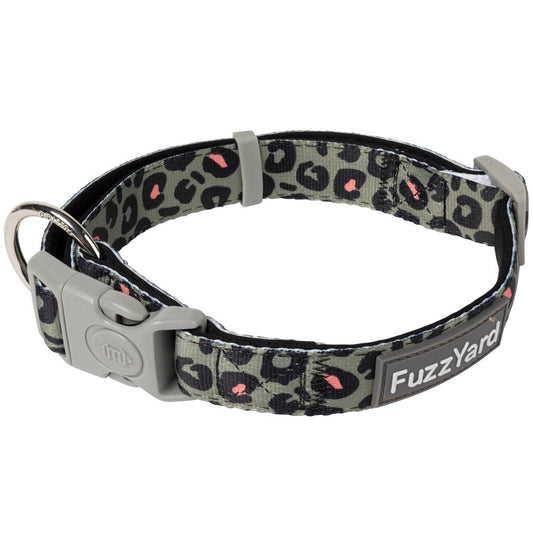 FuzzYard Savanna dog collar: green leopard print neoprene with pink spots, grey buckle, and silver D-ring.