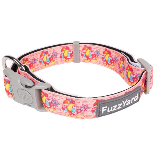 FuzzYard Two-Cans dog collar: pink neoprene with colorful parrot design, grey buckle, and metal D-ring.