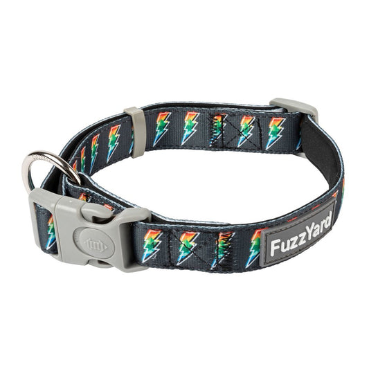 FuzzYard Volt dog collar: black neoprene with rainbow lightning bolts, grey buckle, and die-cast ring.