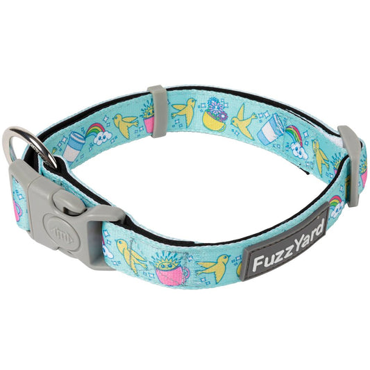FuzzYard Wakey Wakey dog collar: light blue neoprene with yellow birds, rainbows, and coffee cups.
