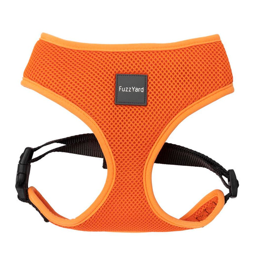 FuzzYard Dog Harness (Crush) in bright orange mesh polyester with black adjustable straps and buckle.