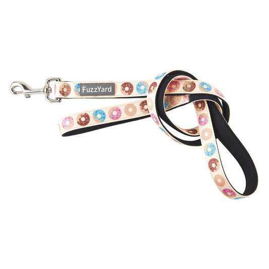 FuzzYard "Go Nuts" dog leash with colorful donut print, black padded handle, and silver metal clasp.