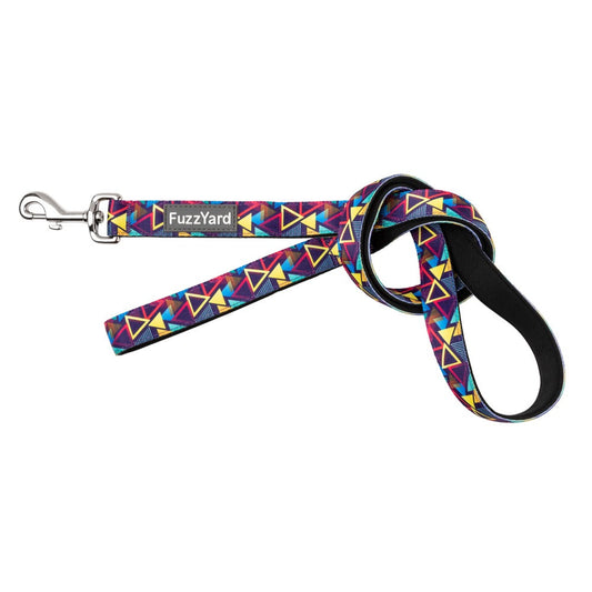 FuzzYard Dog Leash in Prism, a colorful geometric pattern on neoprene with a silver swivel clasp.