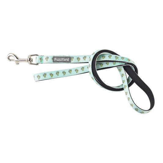 FuzzYard Dog Leash (Tucson) in light green with cactus print, black handle, and silver clasp.
