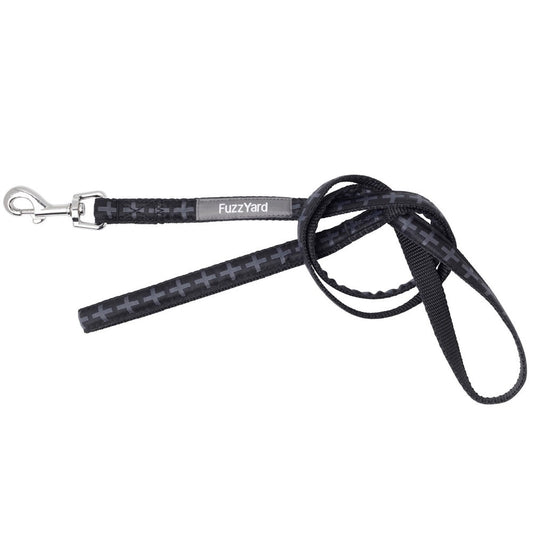 FuzzYard Dog Leash (Yeezy) in black with gray cross prints, silver spring-loaded latch, and hand loop.