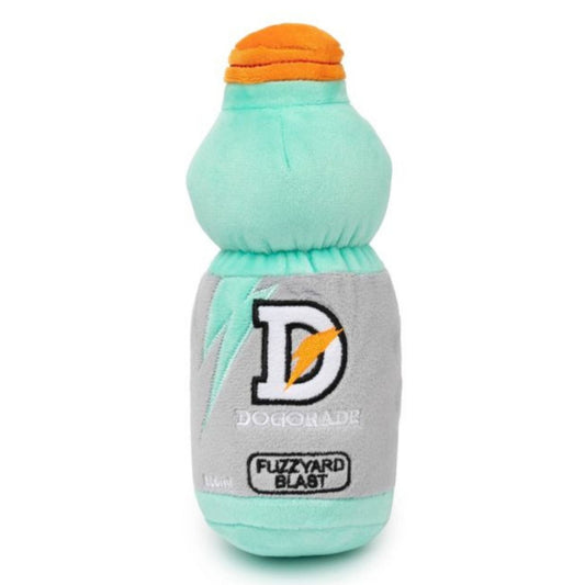 FuzzYard Dogorade plush dog toy, light blue bottle with orange cap, gray label, "D" and lightning bolt logo.