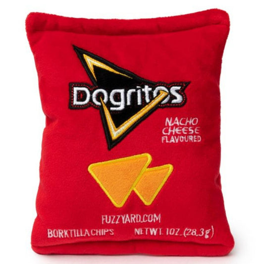 FuzzYard Dogritos plush red dog toy, shaped like a nacho cheese chip bag with "Dogritos" logo.