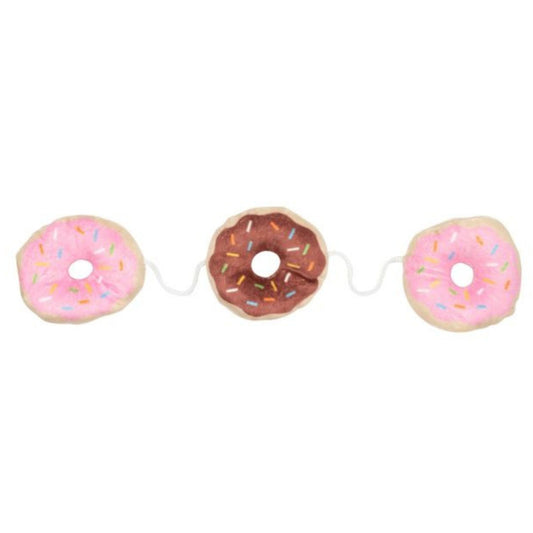 Three plush donut cat toys on a string: two pink with sprinkles, one chocolate with sprinkles.