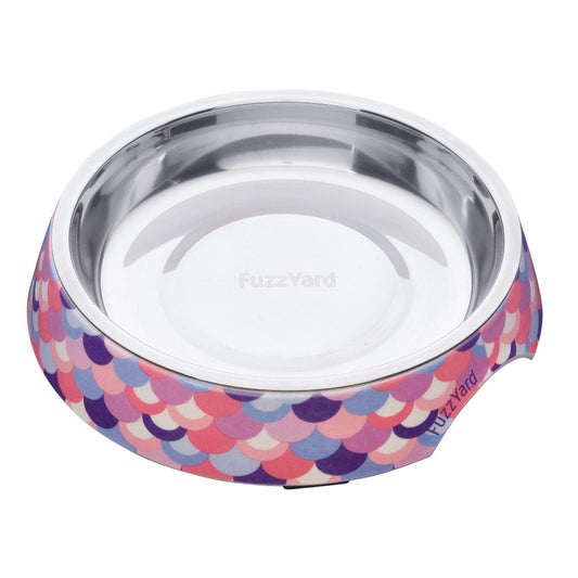 FuzzYard Easy Feeder Cat Bowl (Atlantica) with a stainless steel insert and blue, purple, pink wave design.