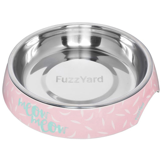 Pink FuzzYard cat bowl with "meow meow" text, white featherstorm pattern, and a removable stainless steel insert.