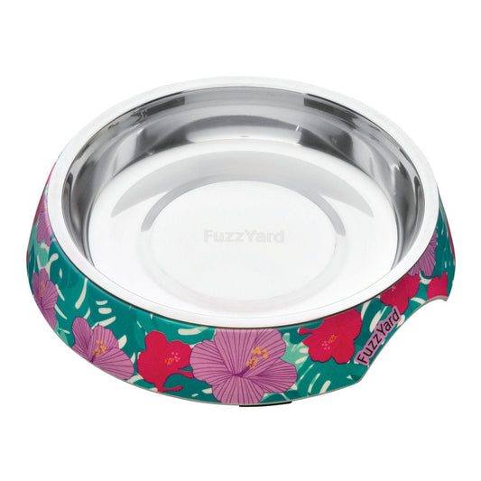 FuzzYard Easy Feeder Cat Bowl (Lahaina) with vibrant floral design, green melamine body, and stainless steel insert.
