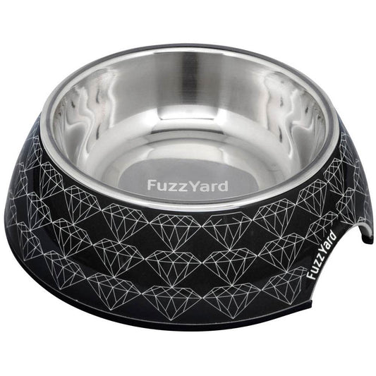 Black FuzzYard Easy Feeder Dog Bowl with a removable stainless steel insert and white diamond print.