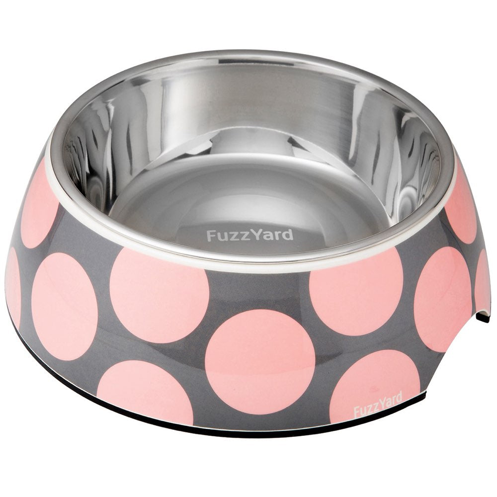 FuzzYard Easy Feeder dog bowl: pink polka dot melamine base with stainless steel insert.